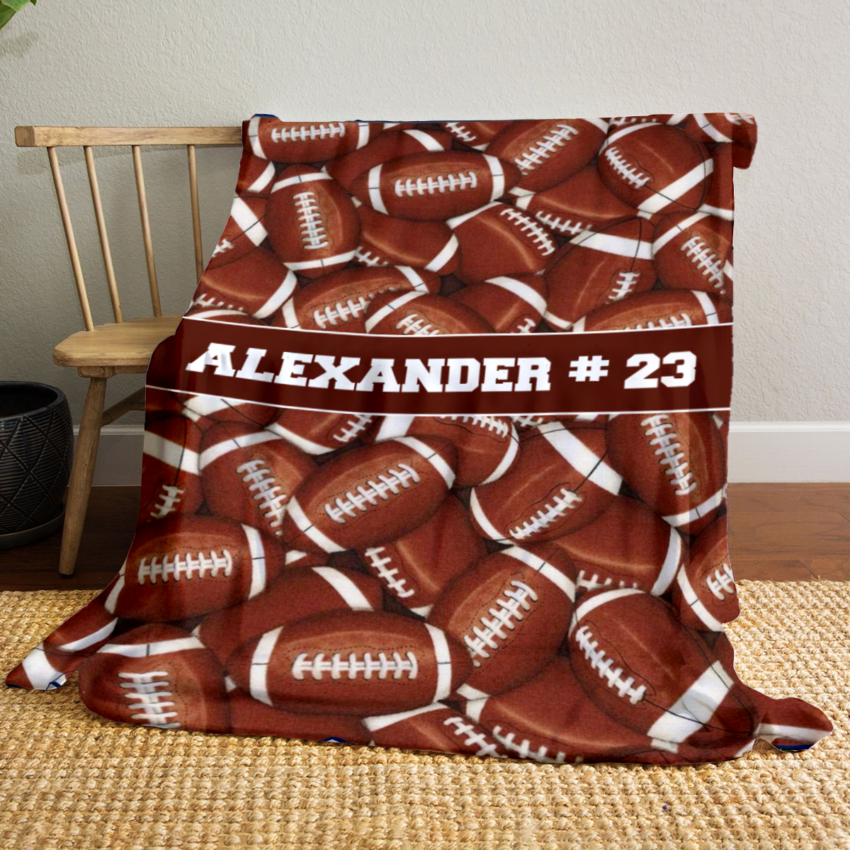 Personalized football blanket with custom name – football fan throw gift for boys and girls, school team sports bedding.