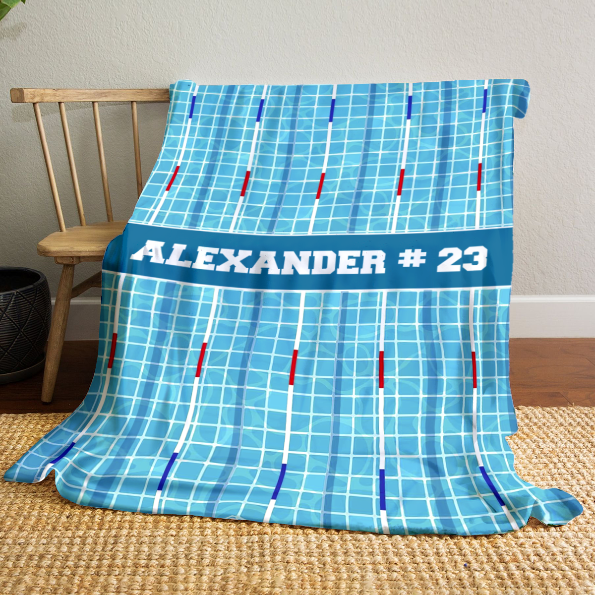 Personalized swimming blanket with custom name – swim team fan gift, competitive swimming sports bedding for kids or adults.