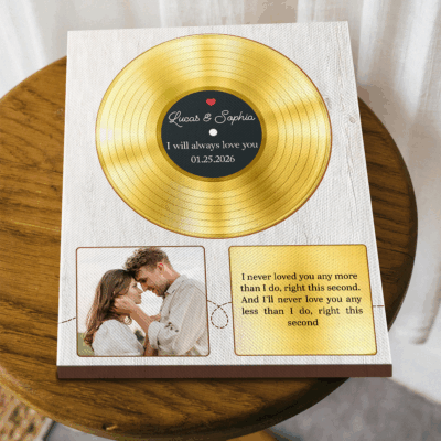 Personalized vinyl record print with custom song and photo – romantic anniversary or Valentine’s Day gift for boyfriend or husband.