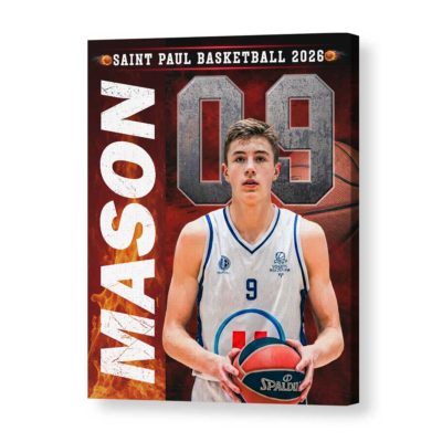 Custom basketball senior portrait canvas with personalized player photo, name, and number – senior night gift for basketball players.
