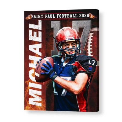 Personalized football senior night canvas with custom player portrait, name, and number – senior football player gift wall art.