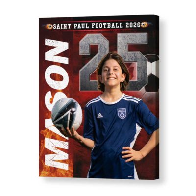 Custom soccer senior portrait canvas featuring personalized player photo with name and number, senior night gift for soccer players.