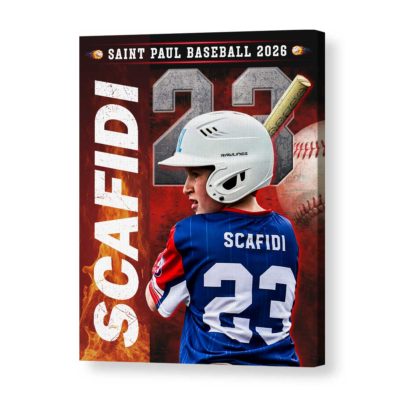 Custom baseball senior portrait canvas with personalized player photo, name and number, Senior Night wall art gift for baseball players.
