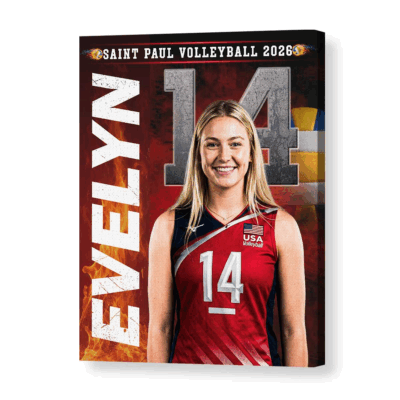 Custom volleyball senior portrait canvas with personalized player photo, name and number, Senior Night sports wall art gift for volleyball players.