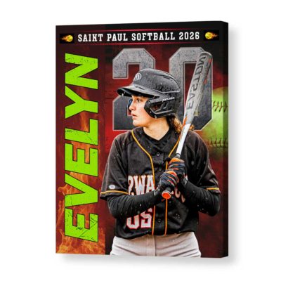 Custom softball senior portrait canvas with personalized player photo, name and number, Senior Night sports wall art gift for softball players.