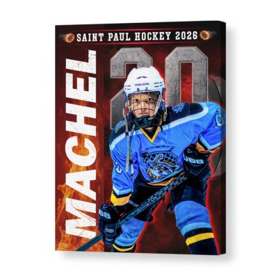 Custom hockey senior portrait canvas with personalized player photo, name and number, Senior Night hockey wall art gift for hockey players.