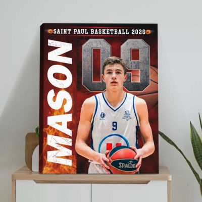 Custom basketball senior portrait canvas with personalized player photo, name, and number – senior night gift for basketball players.