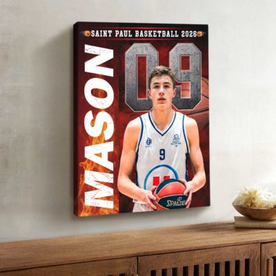 Custom basketball senior portrait canvas with personalized player photo, name, and number – senior night gift for basketball players.