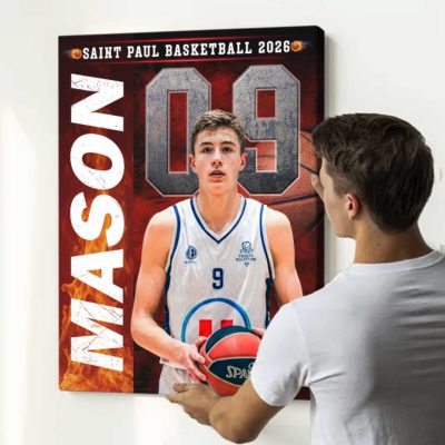 Custom basketball senior portrait canvas with personalized player photo, name, and number – senior night gift for basketball players.
