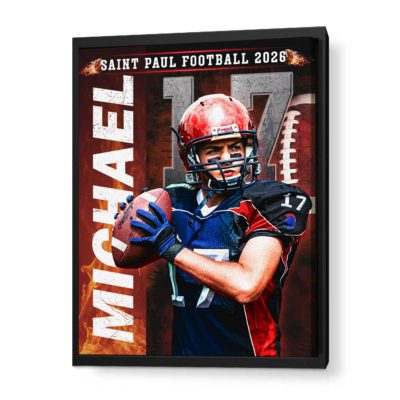 Personalized football senior night canvas with custom player portrait, name, and number – senior football player gift wall art.