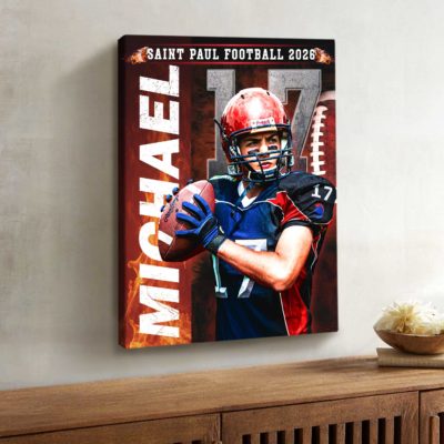 Personalized football senior night canvas with custom player portrait, name, and number – senior football player gift wall art.