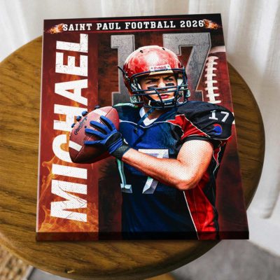 Personalized football senior night canvas with custom player portrait, name, and number – senior football player gift wall art.