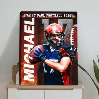 Personalized football senior night canvas with custom player portrait, name, and number – senior football player gift wall art.