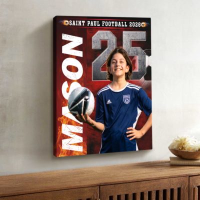 Custom soccer senior portrait canvas featuring personalized player photo with name and number, senior night gift for soccer players.