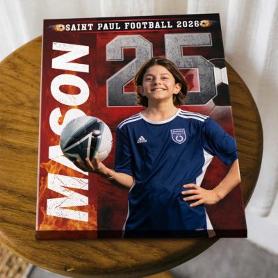 Custom soccer senior portrait canvas featuring personalized player photo with name and number, senior night gift for soccer players.