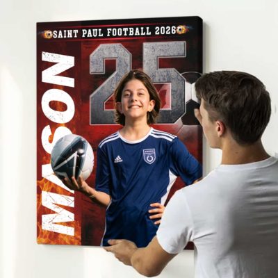 Custom soccer senior portrait canvas featuring personalized player photo with name and number, senior night gift for soccer players.