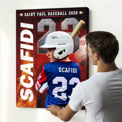 Custom baseball senior portrait canvas with personalized player photo, name and number, Senior Night wall art gift for baseball players.