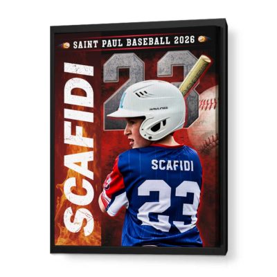 Custom baseball senior portrait canvas with personalized player photo, name and number, Senior Night wall art gift for baseball players.