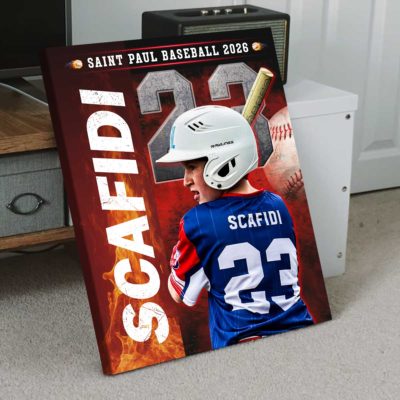 Custom baseball senior portrait canvas with personalized player photo, name and number, Senior Night wall art gift for baseball players.