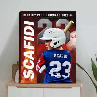 Custom baseball senior portrait canvas with personalized player photo, name and number, Senior Night wall art gift for baseball players.