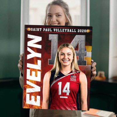 Custom volleyball senior portrait canvas with personalized player photo, name and number, Senior Night sports wall art gift for volleyball players.