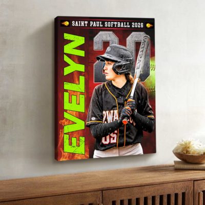 Custom softball senior portrait canvas with personalized player photo, name and number, Senior Night sports wall art gift for softball players.