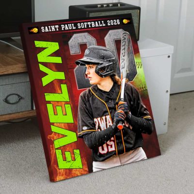 Custom softball senior portrait canvas with personalized player photo, name and number, Senior Night sports wall art gift for softball players.