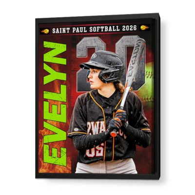 Custom softball senior portrait canvas with personalized player photo, name and number, Senior Night sports wall art gift for softball players.