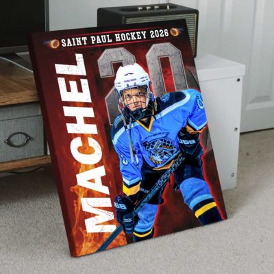 Custom hockey senior portrait canvas with personalized player photo, name and number, Senior Night hockey wall art gift for hockey players.