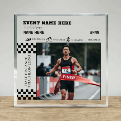 Custom triathlon finisher acrylic plaque with personalized photo and race stats, finish line achievement display gift for triathletes.