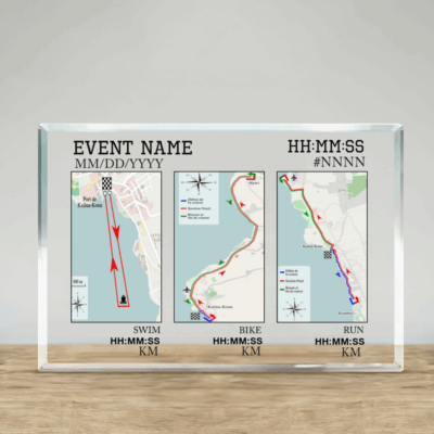 Custom any triathlon map plaque with personalized race route and finish time, swim bike run achievement keepsake for endurance athletes.