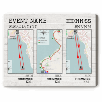 Custom any triathlon map canvas print with personalized race route and time, swim bike run finisher wall art gift.
