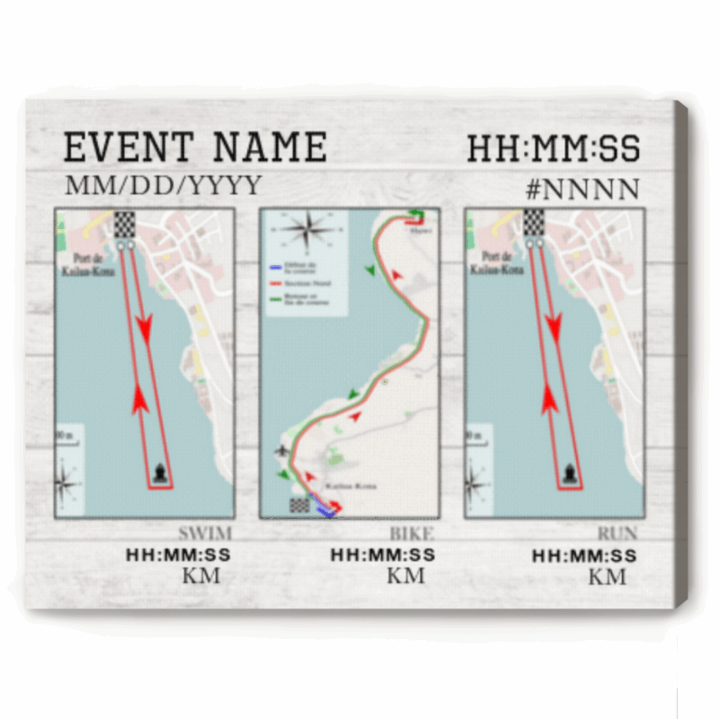 Custom any triathlon map canvas print with personalized race route and time, swim bike run finisher wall art gift.
