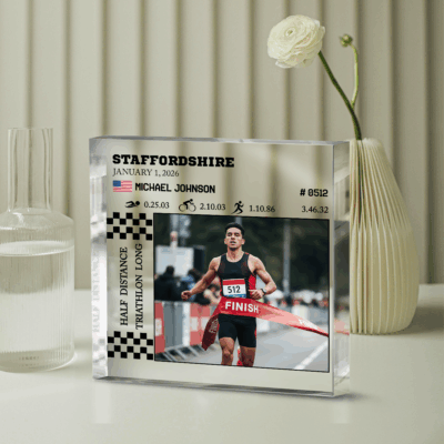 Custom triathlon finisher acrylic plaque with personalized photo and race stats, finish line achievement display gift for triathletes.