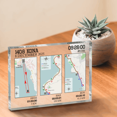 Custom any triathlon map plaque with personalized race route and finish time, swim bike run achievement keepsake for endurance athletes.