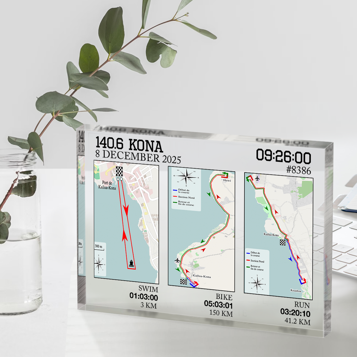 Custom any triathlon map plaque with personalized race route and finish time, swim bike run achievement keepsake for endurance athletes.