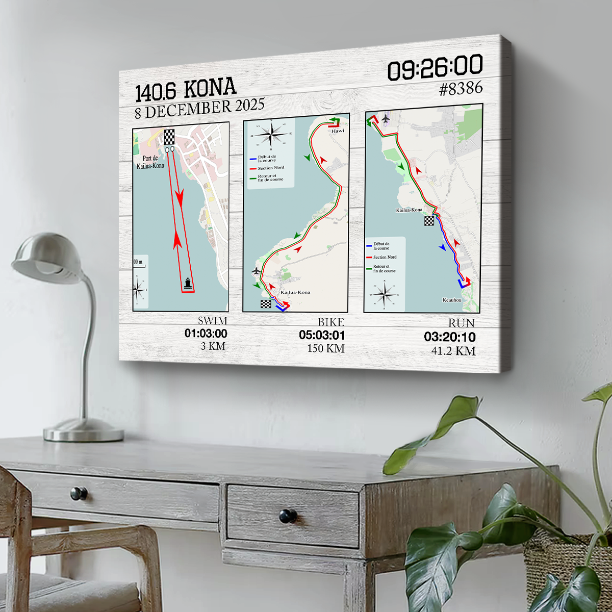 Custom any triathlon map canvas print with personalized race route and time, swim bike run finisher wall art gift.