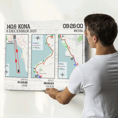 Custom any triathlon map canvas print with personalized race route and time, swim bike run finisher wall art gift.