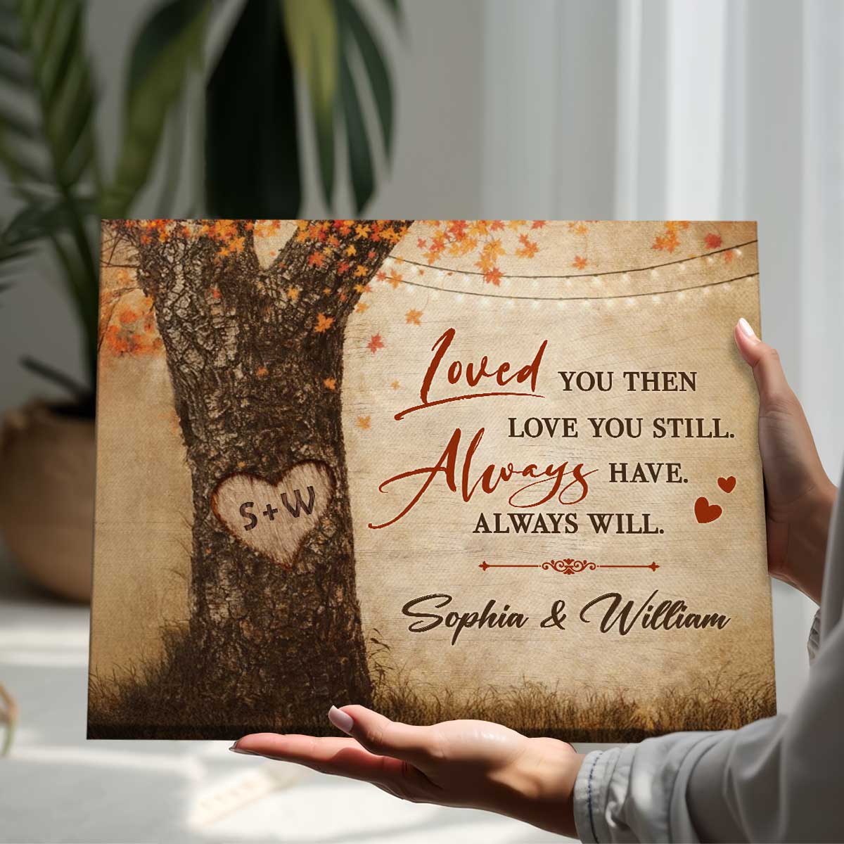 Forest in Fall Carved Tree Personalized Canvas, Loved You Then Love You Still Sign, Anniversary Gift, Valentine Gift For Him