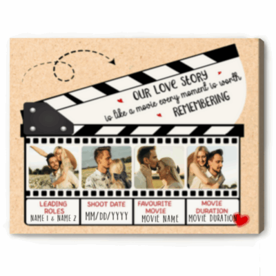 Custom couples love movie canvas with personalized photo film strip and names, romantic Valentine’s Day and anniversary wall art for couples.