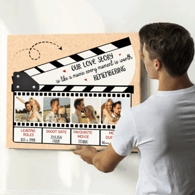 Custom couples love movie canvas with personalized photo film strip and names, romantic Valentine’s Day and anniversary wall art for couples.