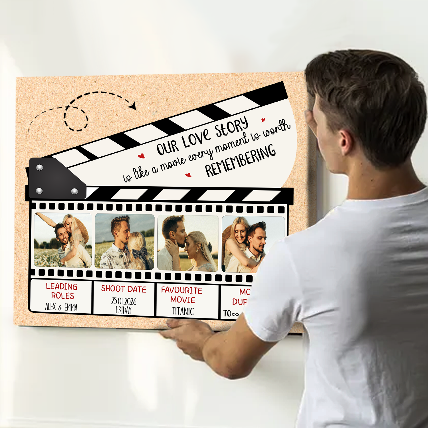 Custom couples love movie canvas with personalized photo film strip and names, romantic Valentine’s Day and anniversary wall art for couples.