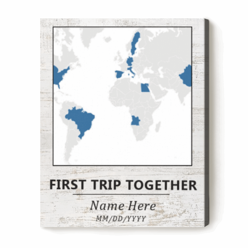 First trip together map canvas with personalized world travel map, names and date, custom travel memory wall art for couples.