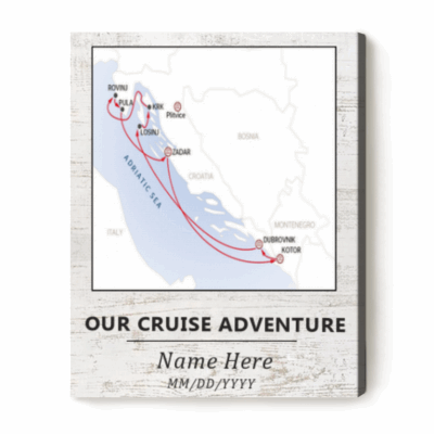 Custom cruise travel map canvas with personalized cruise route, names and date, vacation memory wall art.