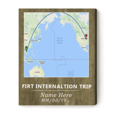 Custom first international trip map canvas with personalized travel route, name and date, travel memory wall art milestone gift.