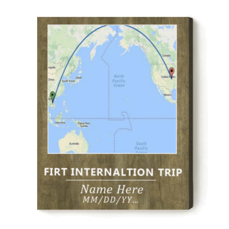 Custom first international trip map canvas with personalized travel route, name and date, travel memory wall art milestone gift.