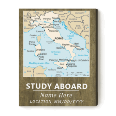 Custom study abroad map canvas with personalized location, name and date, meaningful study abroad wall art gift for students.
