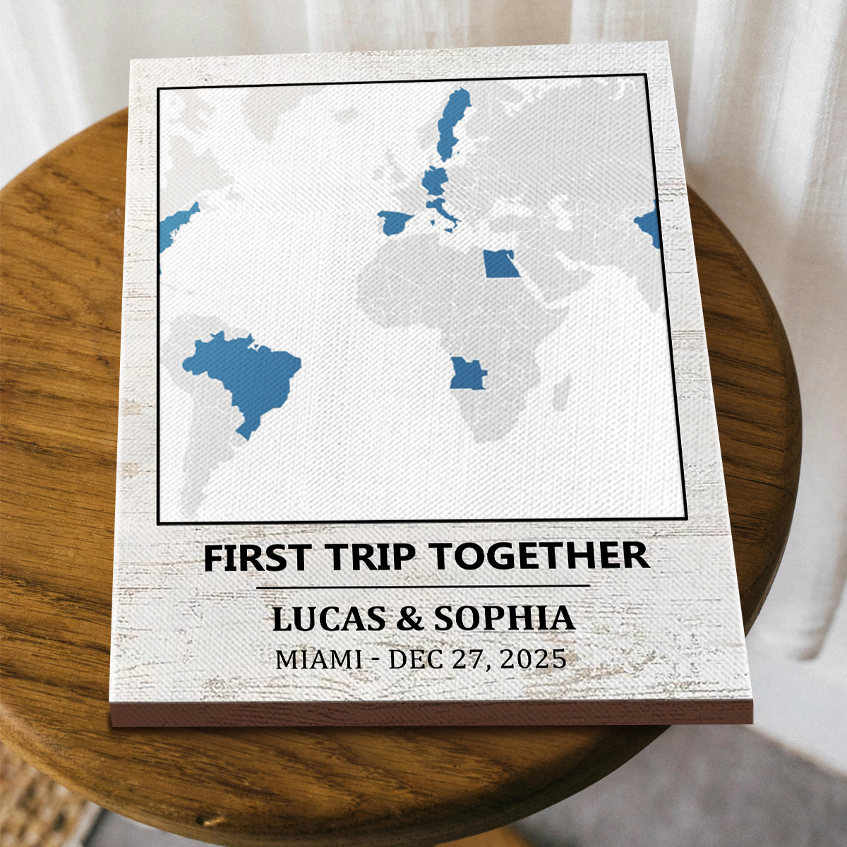 First Trip Together Map Canvas – Personalized World Travel Map with Names & Date, Custom Travel Memory Wall Art 1 First trip together map canvas with personalized world travel map, names and date, custom travel memory wall art for couples.