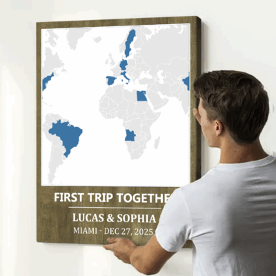 First trip together map canvas with personalized world travel map, names and date, custom travel memory wall art for couples.
