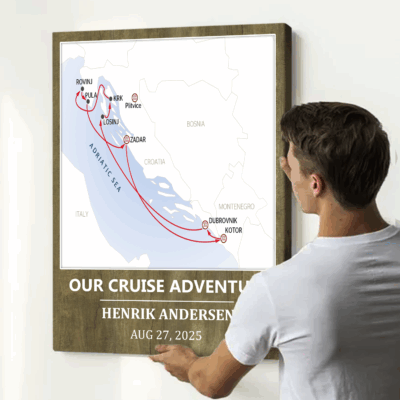 Custom cruise travel map canvas with personalized cruise route, names and date, vacation memory wall art.
